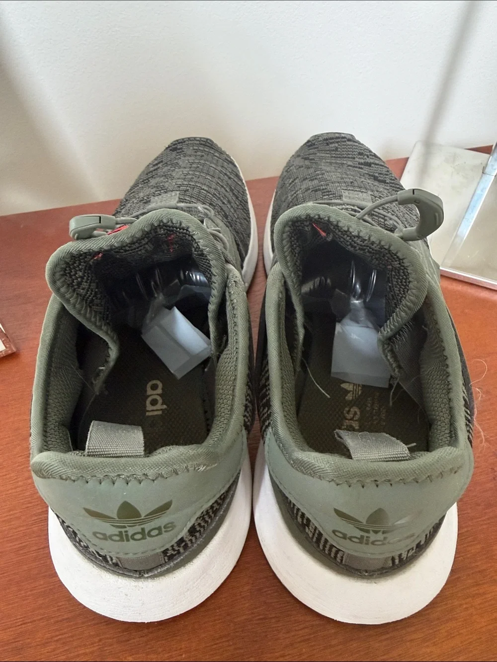 adidas Men’s Olive Green and Gray Knit Sneakers with Red Tongue Accent